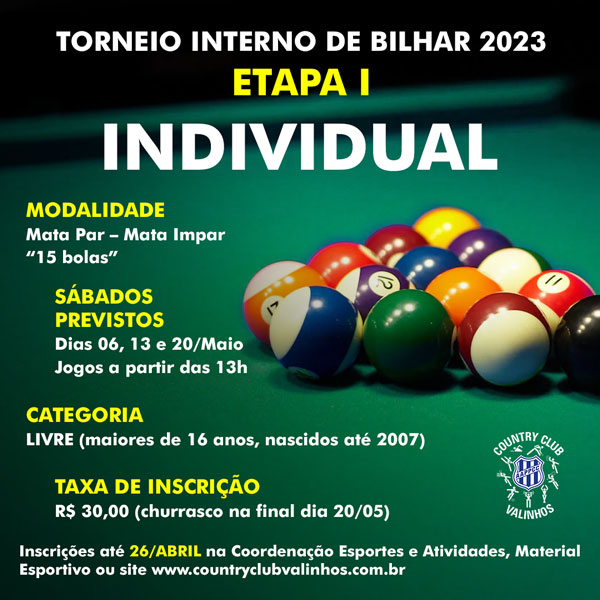 Bilhar: 1ª Etapa do Torneio Interno de Bilhar - Individual - 2023